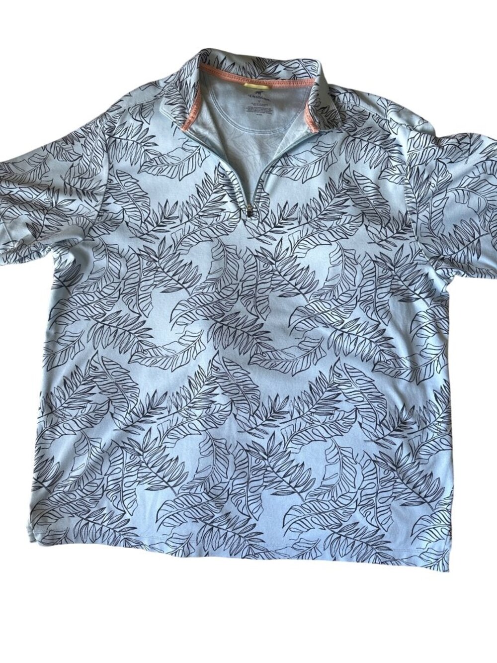 Caribbean Mens Light Blue Half-Zip Pullover With Black Leaf Print Size L